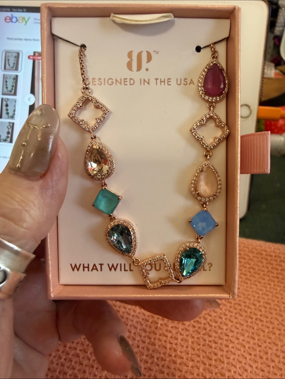 bp Rose Gold Multicolor Teardrop & Square Statement bracelet